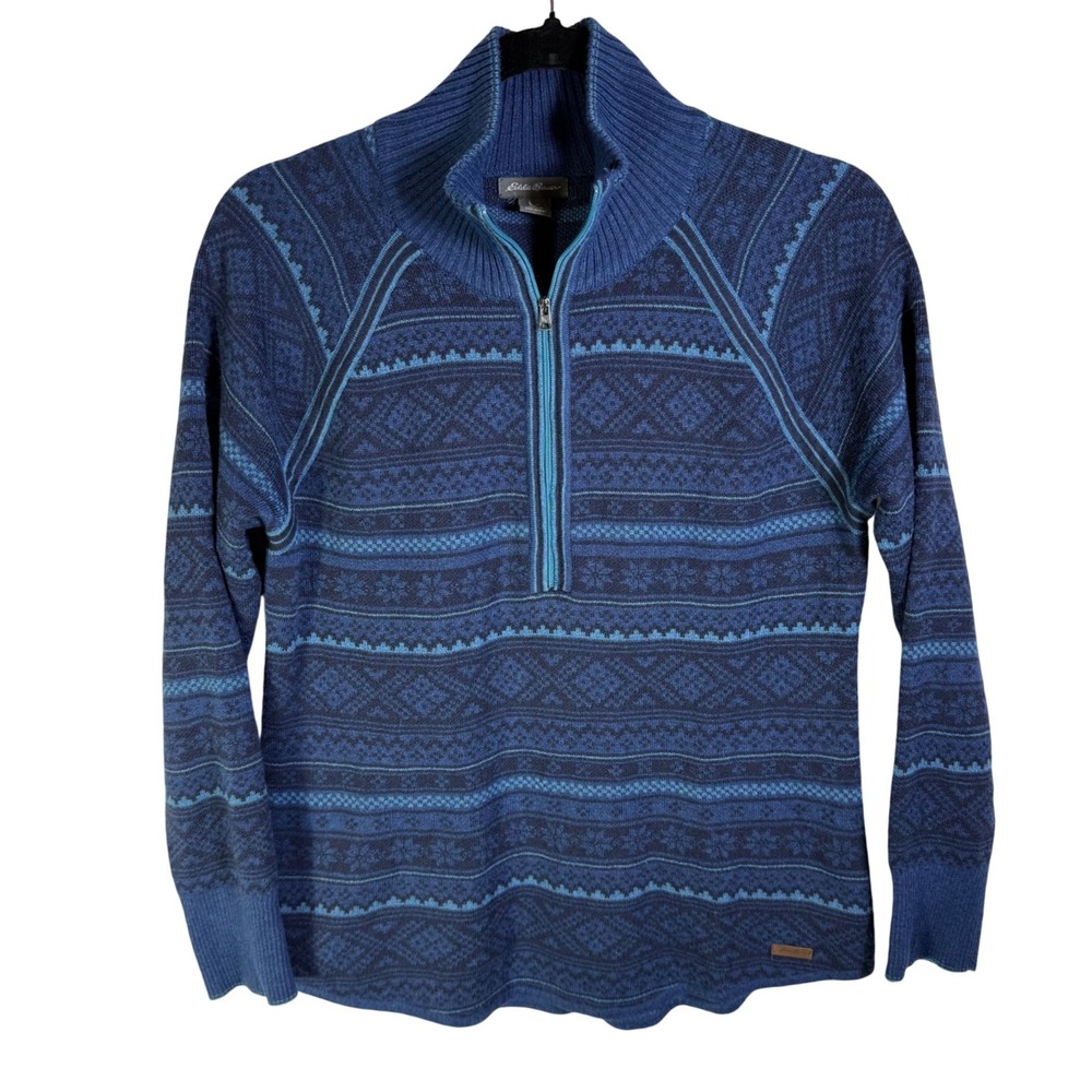 Eddie Bauer Womens Blue Fair Isle Quarter Zip Sweater Mock Neck Large 23603541